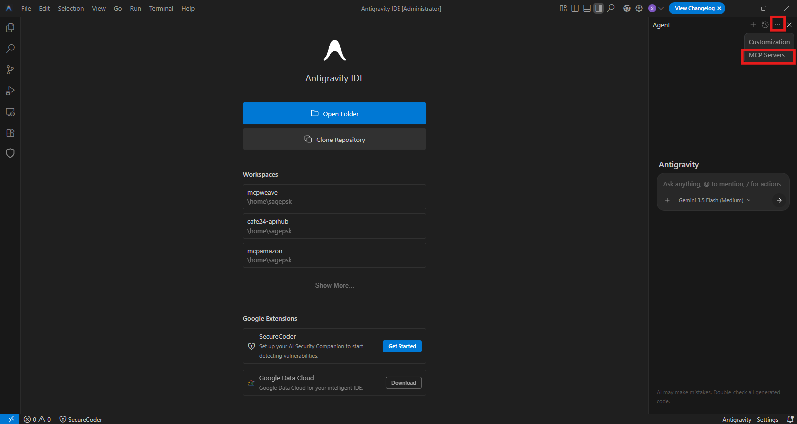 Antigravity Agent 패널 ⋯ → MCP Servers