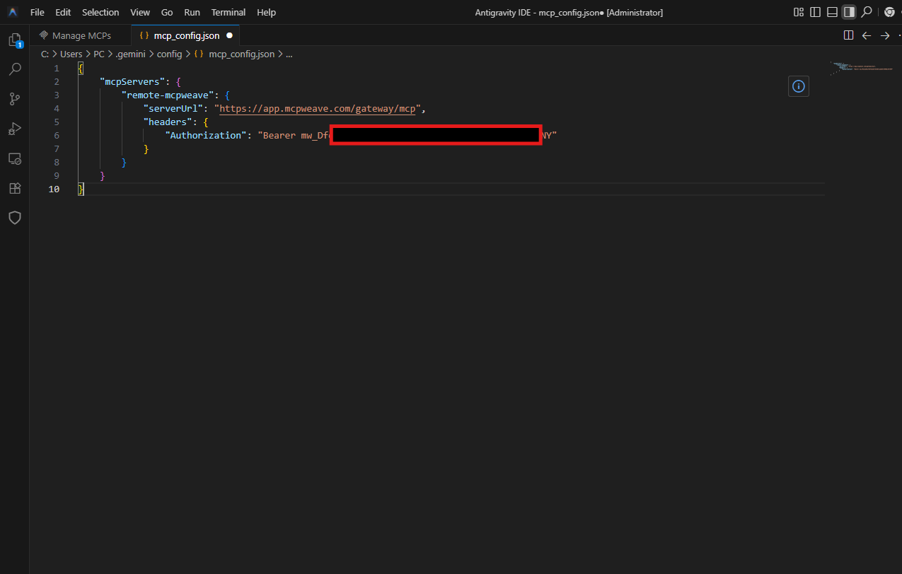 Antigravity mcp_config.json 에 bldinit 등록